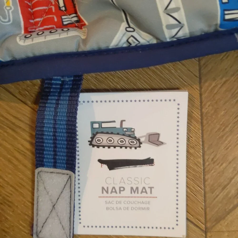 Pottery Barn Kids Gray Construction Print Nap Mat with Red, Blue, Yellow Accents